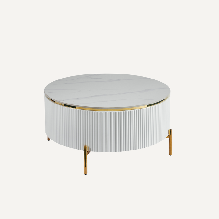 Ronde Salontafel Aqua – Keramisch Marmerlook Goud Accent