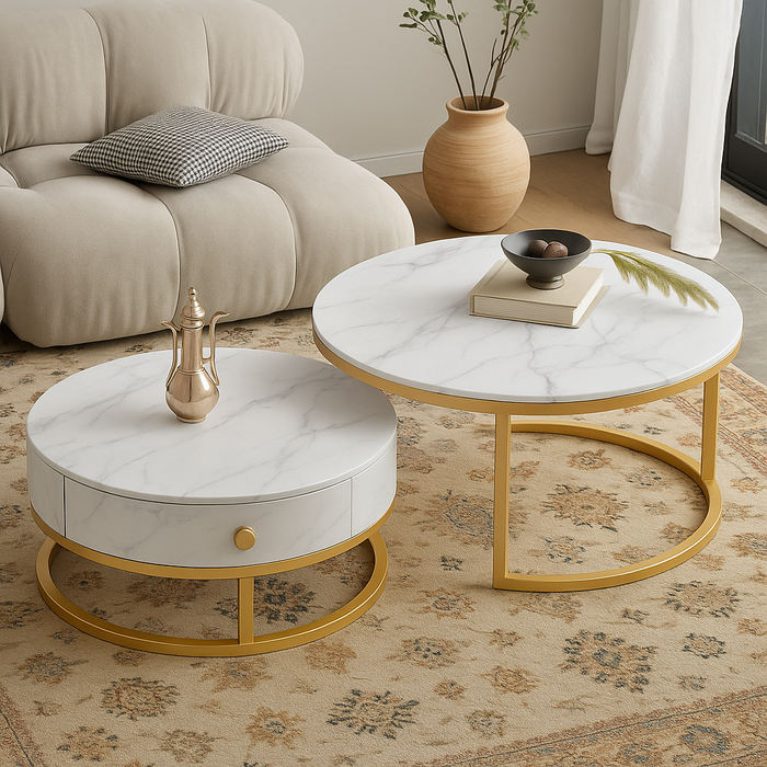 Set van 2 Ronde Salontafels – Keramisch Blad Goudkleurig Onderstel