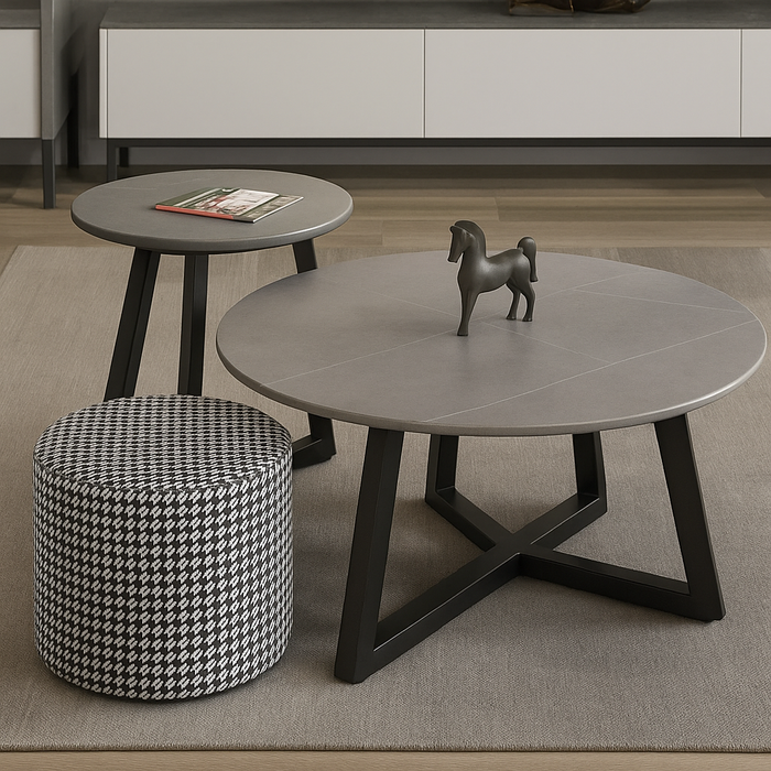 Set van 2 Ronde Salontafels – Keramisch Blad &amp; Zwart Onderstel