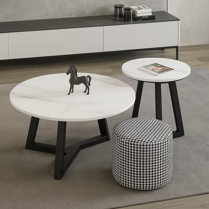 Set van 2 Ronde Salontafels – Keramisch Blad &amp; Zwart Onderstel