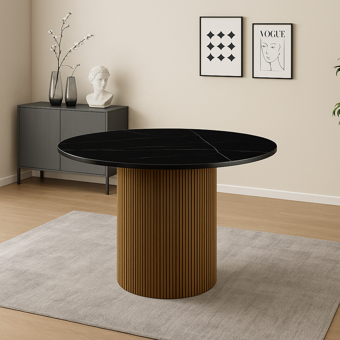 Ronde Eettafel – Zwart Keramisch Blad &amp; Geribbelde Houten Poot (Ø135 cm)