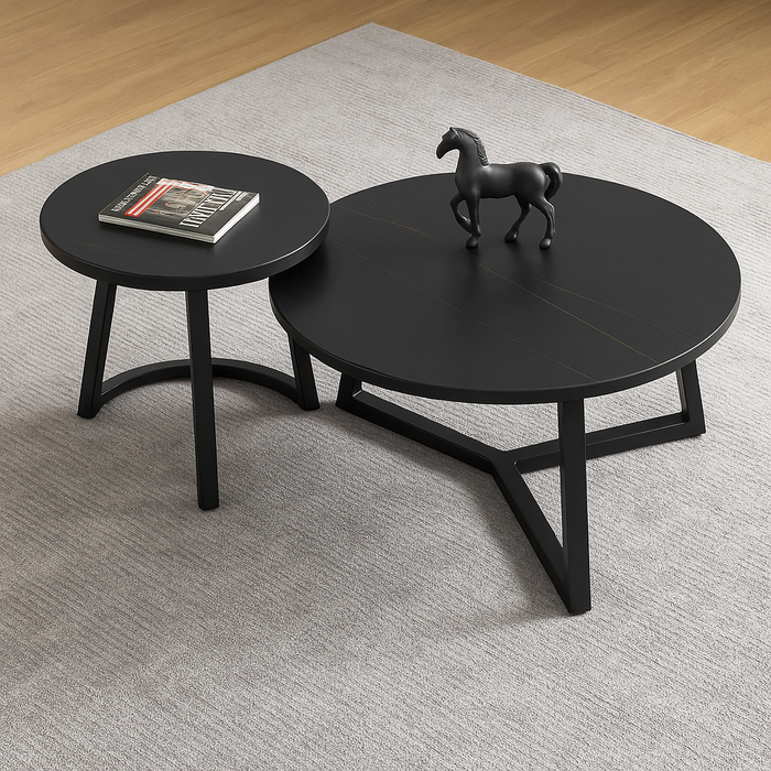 Set van 2 Ronde Salontafels – Keramisch Blad &amp; Zwart Onderstel