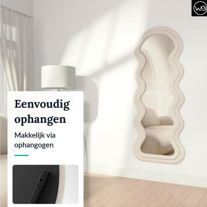 Fluffy Wave Spiegel – Golvende XXL Staande Spiegel – 170x70 cm – Zacht Bouclé Frame – Beige/ Roze