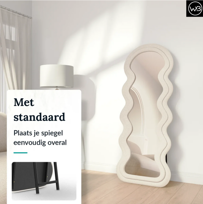 Fluffy Wave Spiegel – Golvende XXL Staande Spiegel – 170x70 cm – Zacht Bouclé Frame – Beige/ Roze