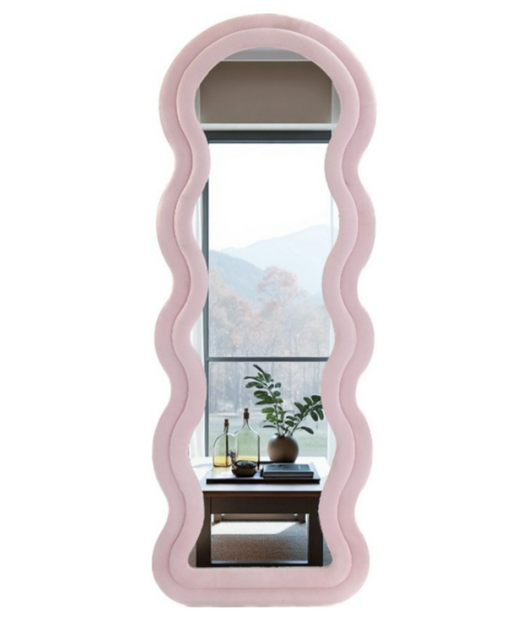 Fluffy Wave Spiegel – Golvende XXL Staande Spiegel – 170x70 cm – Zacht Bouclé Frame – Beige/ Roze
