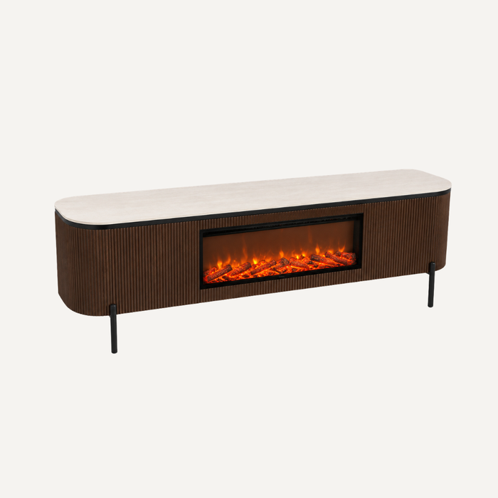 Aqua TT Brown – TV-Meubel met Haard 200x50x55 cm – Beige Keramisch Blad