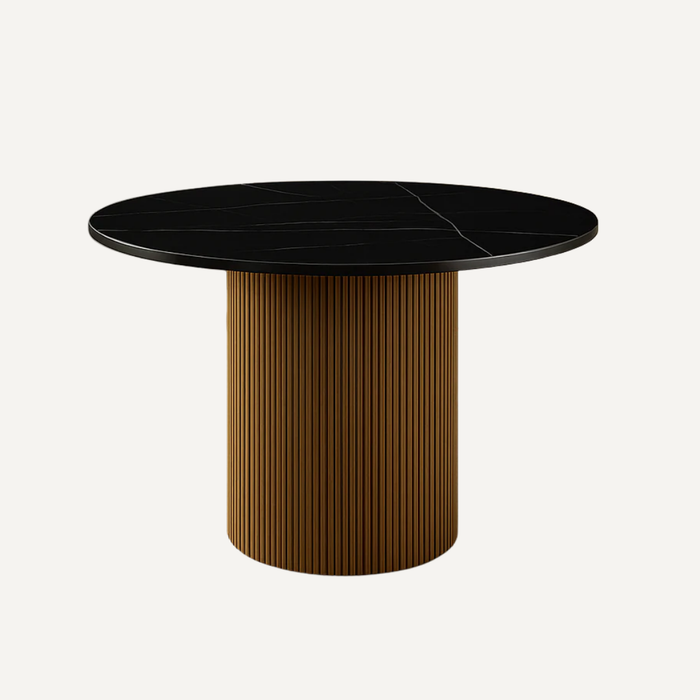 Ronde Eettafel – Zwart Keramisch Blad &amp; Geribbelde Houten Poot (Ø135 cm)